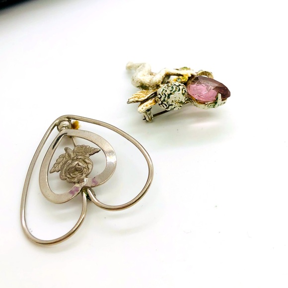 Vintage Nouveau Cherub Heart Rhinestone Angel Brooch & Sterling Heart Brooch - Picture 3 of 9